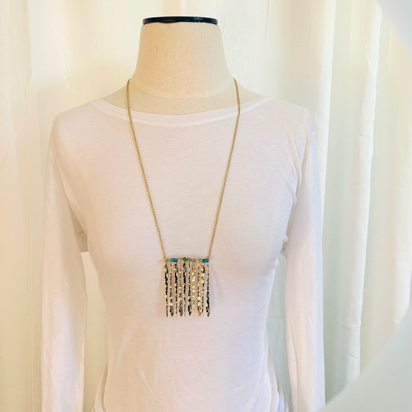 Alexis Bittar Gold Hammer Metal Fringe Gemstone Bar Turquoise Green Necklace - Picture 8 of 12